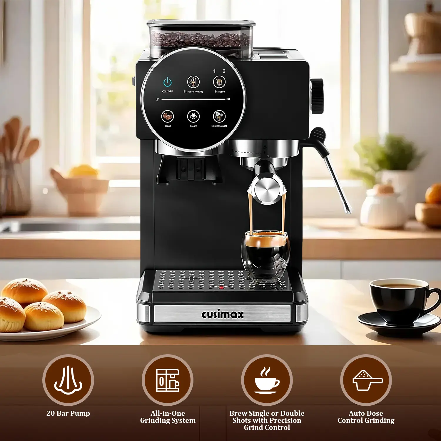 CUSIMAX 20-Bar Semi-Automatic Touchscreen Espresso Maker - Built-in Grinder, Milk Frother Steam Wand, 60oz Removable Water Tank, 1350W Fast Heat, US Plug, Ground Coffee Compatible for Home Baristas, At Home Espresso Machine