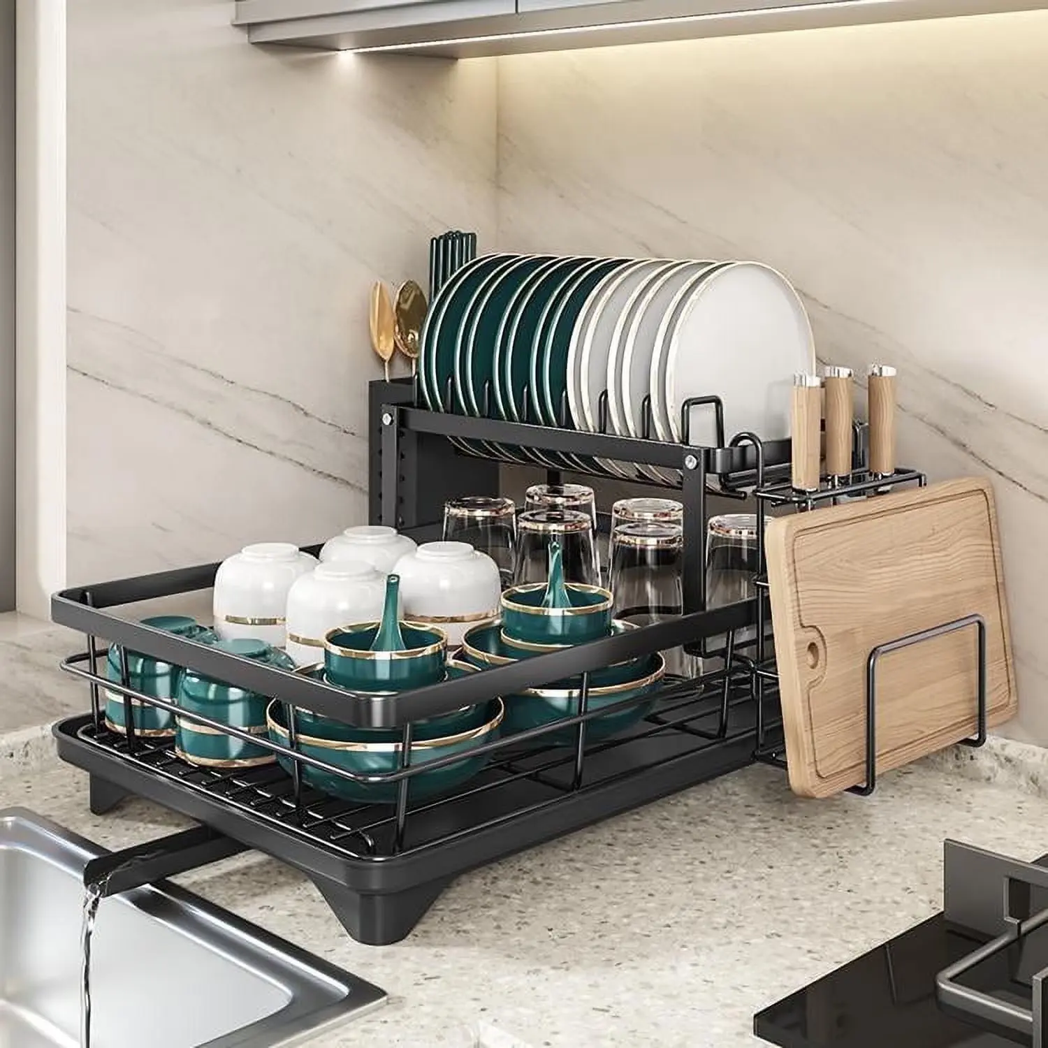 Dish Drying Rack- Space-Saving Dish Rack, Dish Racks for Kitchen Counter, Stainless Steel Kitchen Drying Rack with a Cutlery Holder,12''W x 17''L
