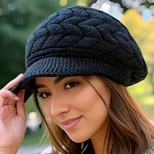Classic Cable Knitted Beret Vintage Solid Color Knit Hats Benies Windproof Thick Beanie With Brim Lightweight Winter Hat For Women Outdoor Sunshade Design Good Warmth Retention Acrylic Fiber