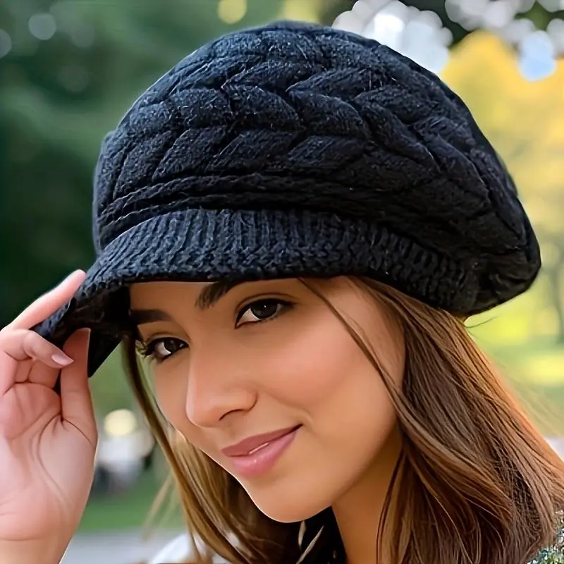 Classic Cable Knitted Beret Vintage Solid Color Knit Hats Benies Windproof Thick Beanie With Brim Lightweight Winter Hat For Women Outdoor Sunshade Design Good Warmth Retention Acrylic Fiber