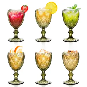 6-Pack 240ML European-Style Romantic Vintage Green Embossed Stemmed Glass Goblets - Kitchen Drinkware for Wine, Iced Beverages, Serving