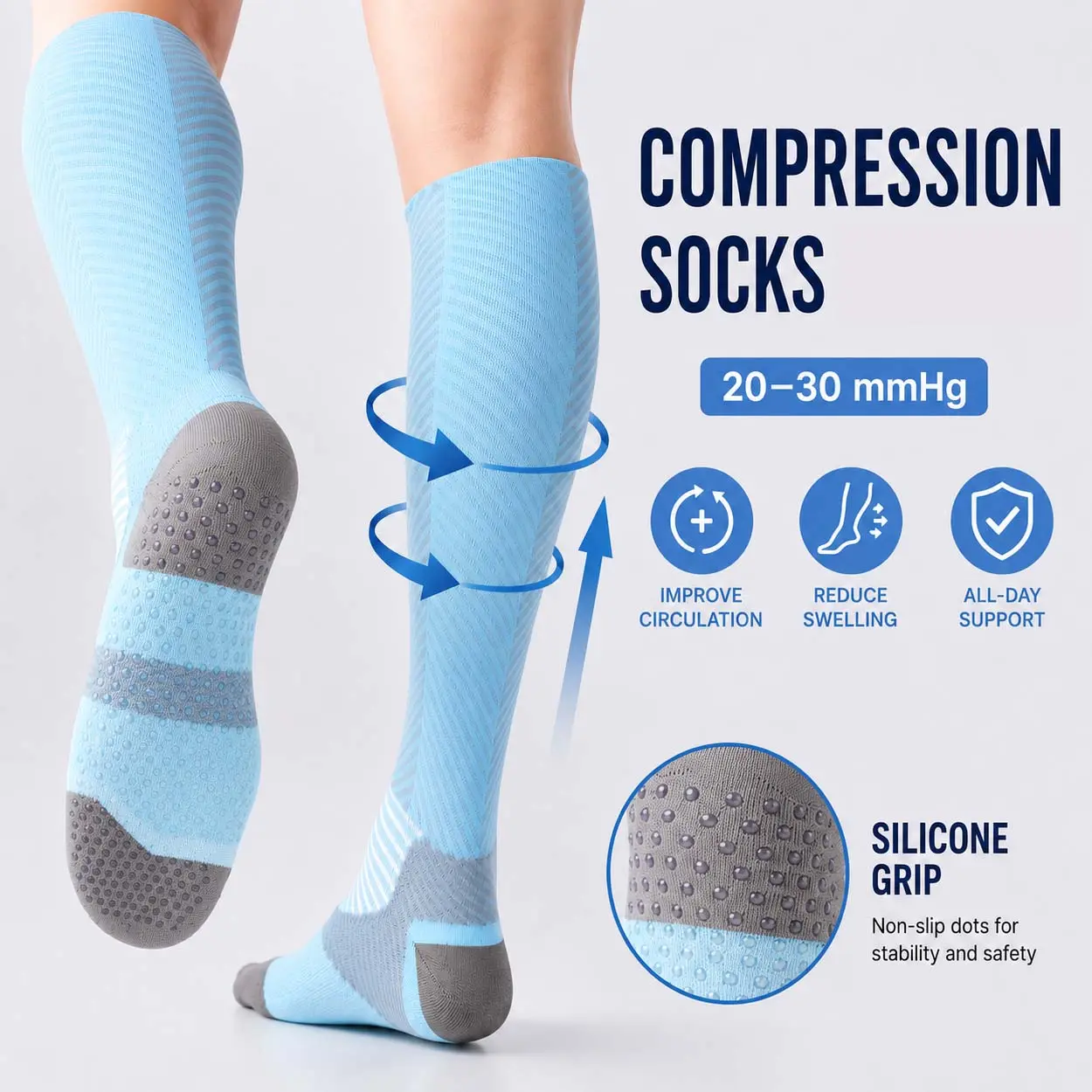 Isunie 20–30 mmHg Non-Slip Grip Sports Socks, Knee-High Support for Women & Men, Soft & Breathable, Ideal for Yoga & Workouts