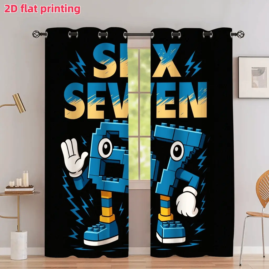2D Flat 2Pcs Cartoon Number Character Pattern Printed Curtains, Curtain Panels, Vibrant Blue and Yellow Letters, Grommet Top, Semi-Sunshade Window Drapes for Living Room Bedroom Study, Home Decor Accessories, Privacy Protection, Home Decoration Curtain