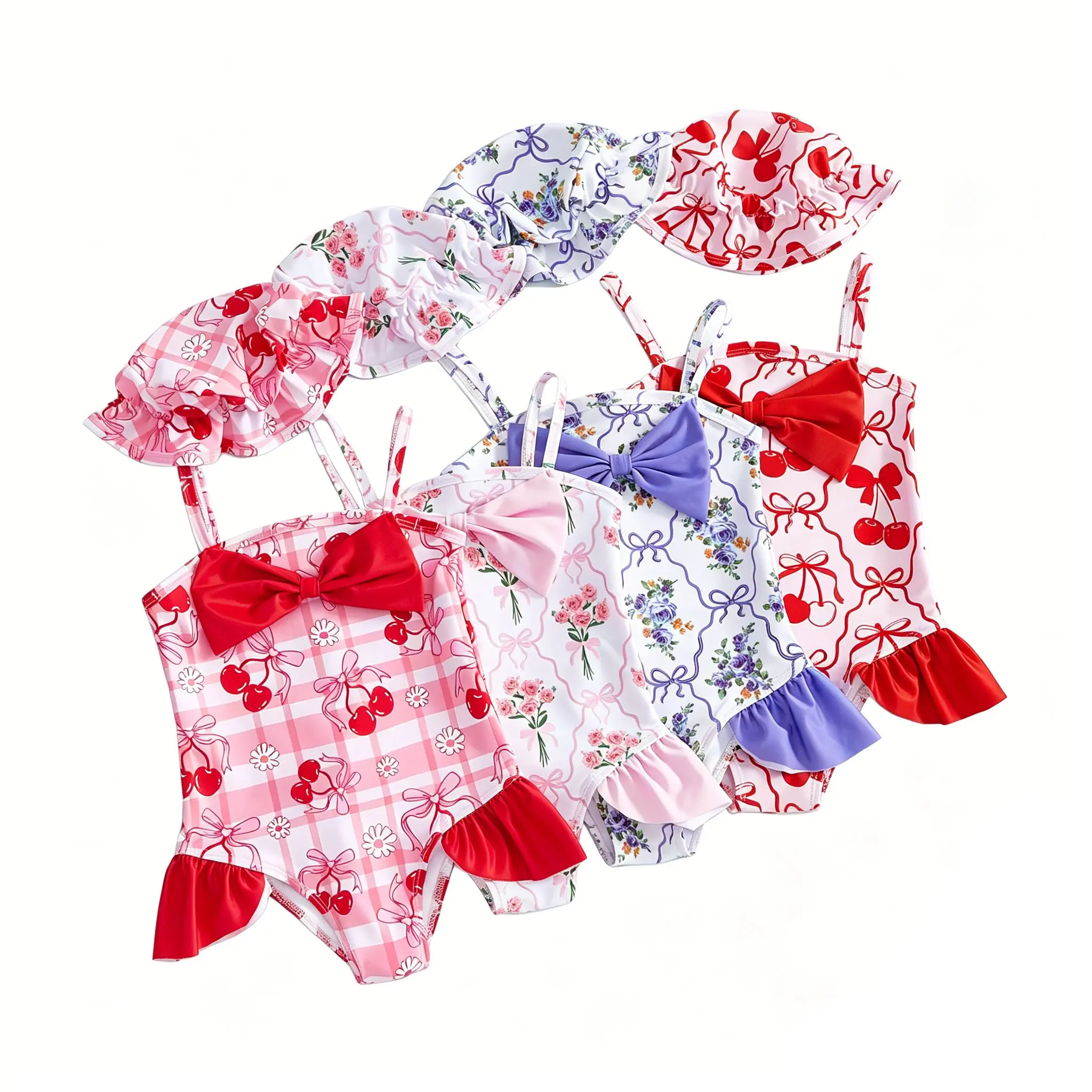 Toddler Girls' 2-Piece Swimsuit Set, All Over Flower Print Spaghetti Strap Swimwear with Bow Detail and Matching Sun Hat, Swimwear Swimsuit, Swimsuits 2 Piece