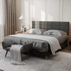 King Size Upholstered Bed Frame with Linen Headboard, 12-Panel Padded Design, Wood Slats Support Platform, NO Noise, Modern Low Profile for Bedroom, Easy Assembly, Light Gray Fabric