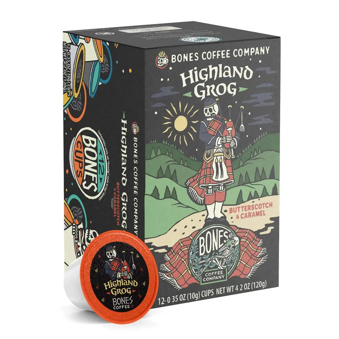 Bones Coffee Company | Highland Grog Butterscotch Caramel Flavored Coffee Pods 12 Count Keurig Compatible Bones Coffee Company | Highland Grog Butterscotch Caramel Flavored Coffee Pods 12 Count Keurig Compatible