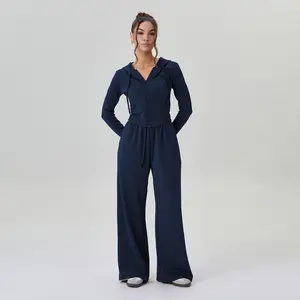 Women's Leisure Hooded Zipper Stretch Long Sleeve Top & Wide Leg Trousers Co-ord, Lightweight Solid Color Two Piece Outfits