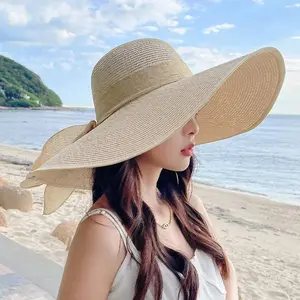 Women's Oversize Bow Straw Cooling Sun Cap - Wide Brim, UV Protection, Sports & Outdoor Headwear for Beach Vacation, Pool Party