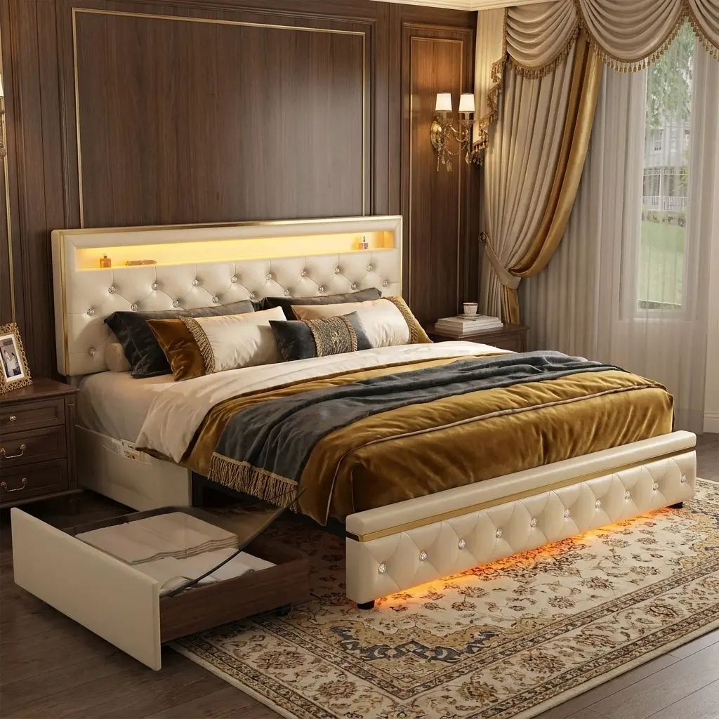 [Deals for You Days] SIBEDS LED Bed Frame with Crystal Tufted Headboard, Luxury Velvet Upholstered Platform Bed with 2 Storage Drawers & Adjustable Headboard, No Box Spring Needed, Queen Size Bedroom Furniture tiktokshopbacktoschool