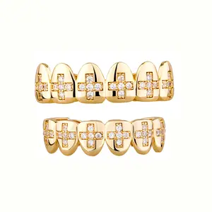 New best-selling hip-hop style micro-inlaid round zirconium cross-stitching braces Halloween funny rap personality braces cool teeth accessories