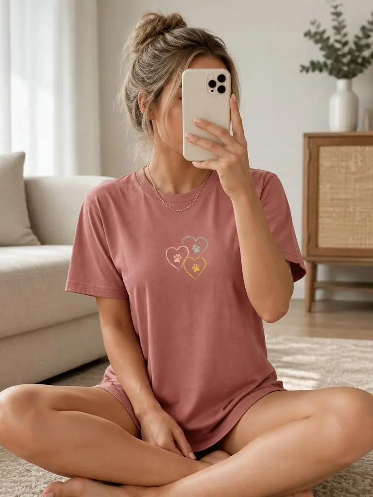 Heart Pet Paw Graphic Tee, Soft 100% Cotton Relaxed Fit Short Sleeve Top Crew Neck, Women Premium Soft Brushstroke Heart Pet Paw Graphic Printed, Durable Minimal Basic T-Shirt for Women Street Casual Office Home Outdoor Daily Outfits.