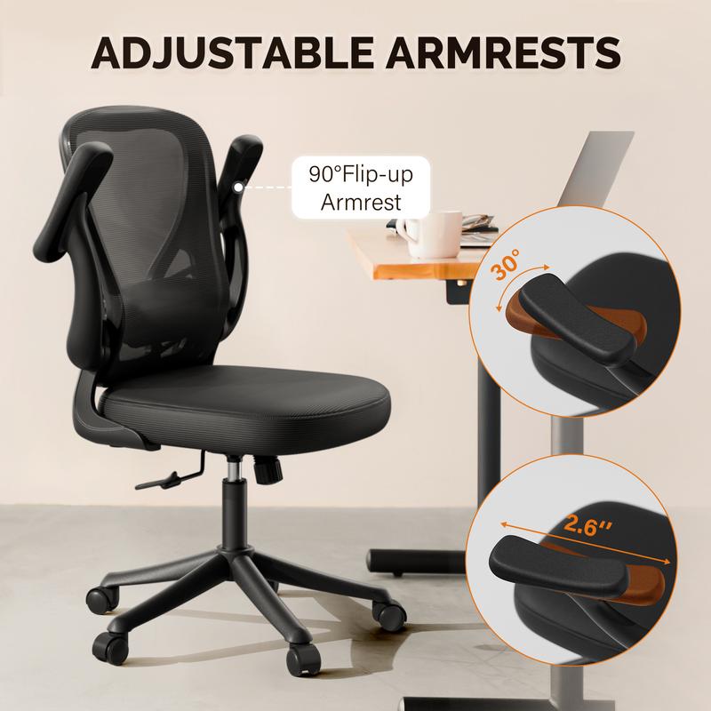 Ergonomic Office Chair, Mesh Desk Chair with AdjustableLumbar Support and 3D Flip-up Arms, Computer Chairwith Wheels, Black, Computer Desk Chair, ErgonomicOffice Desk Chairs with Mesh Back, Adjustable LumbarSupport, Rocking Function