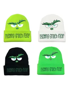2025 New Style Christmas Knit Hat with Grinch Green Monster Print, Fleece Lined Hat for Winter Warmth, Unisex Hat
