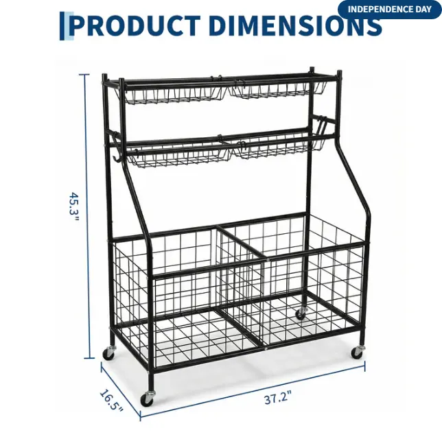 3-Tier Sports Equipment Storage Cart with Wheels, Heavy Duty Rolling Ball Organizer for Basketball, Garage Storage Rack with Side Hooks for Yoga Mats & Jump Ropes, 37.2"L x 16.5"W x 45.3"H - Black