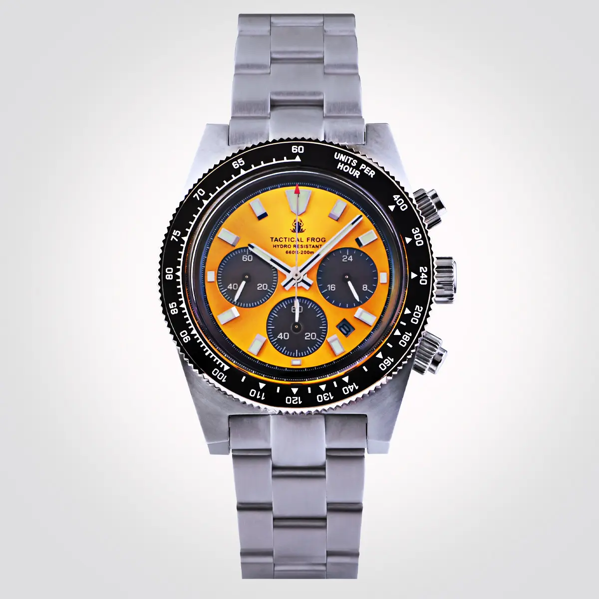 TACTICAL FROG Men's Solar-Powered Chronograph Wristwatch - Analog, Luminous Round Face, VS75 Movement, Stainless Steel Bracelet, Sapphire Crystal, Ceramic Rotating Bezel, 200m/20atm Dive Ready Waterproof Watch for Men (100M - 200M Range)