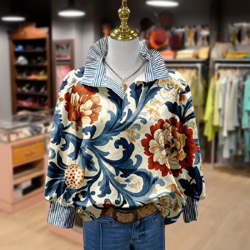 Cherrybetty Women's Vintage Floral Print Striped Collar Top Going Outfits Blouses 90s Tops Funny Shirts Women Elegant Classy Tops Blouse Classyoutfit Women cute summer outfit boho Casual Style cute summer outfit women's summer outfits