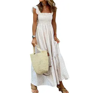 EncoLax Women's Retro Plaid Smocked Dress Spaghetti Strap Flounce Long Casual Sleeveless Flowy Evening Fashion Basic with Pockets Womenswear Cute Elegant Sky SpringStatements