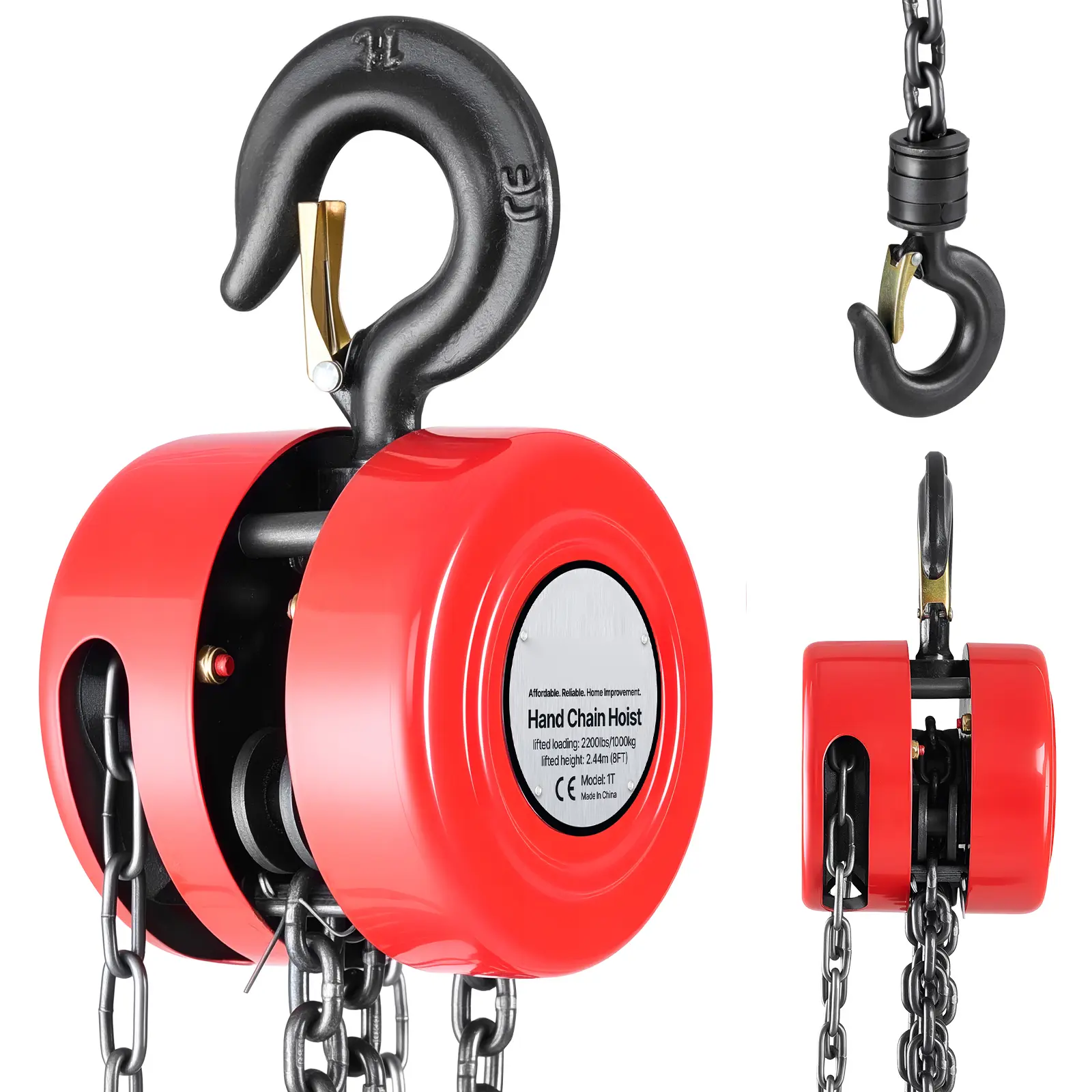 Hand Chain Hoist, 1 Ton 2200 lbs Capacity, Manual Chain Block with Upgrade G70 Galvanized Chain, 8 ft Lifting Height, Heavy Duty Pulley Hoist for Garage Warehouse Automotive Machinery, Red