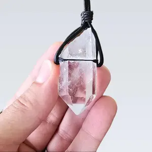 Clear Quartz Point Gemstone Custom Made Adjustable Length Clear Stone on Black Cord crystal necklace jewelry