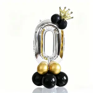 15pcs 40-Inch Silver Color Numbers, Gold Crown, Metal Chrome, Balloons, Party Decor, Anniversary Celebration, Wedding Props