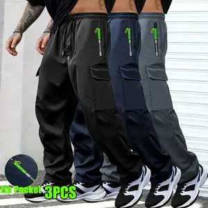 Men’s lightweight 3-pack cargo pants with a drawstring elastic waistband, zippered pockets, and large patch pockets—comfortable and breathable for outdoor everyday casual wear skin-friendly smooth soft fabric suitable