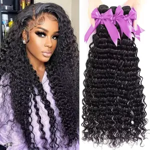 Deep Wave Luxury Salon Quality Brazilian Raw Curly Human Hair Bundles Weave 2 3 4 Bundles Natural Color Virgin Remy Hair Extensions For Women No Shedding Hair Weft Weaving