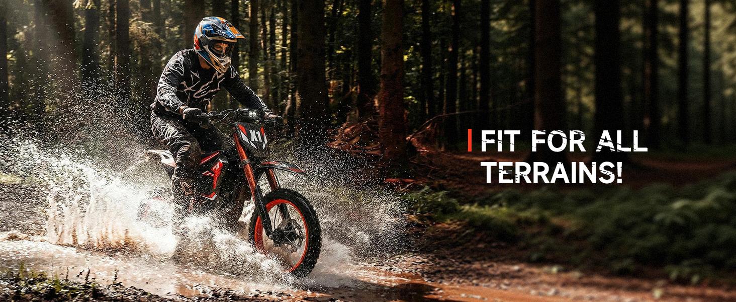 Qronge X1 Spark Electric Bike is designed for challenging terrain. Its 17"/14" wheel configuration balances stability and agility,and it features a powerful 4500W, 283 Nm of torque, and a large 60V 28.8Ah battery.