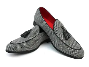 Men's Black Grey Slip On Loafers Houndstooth Plaid Dress Shoes With Leather Tassels AZARMAN