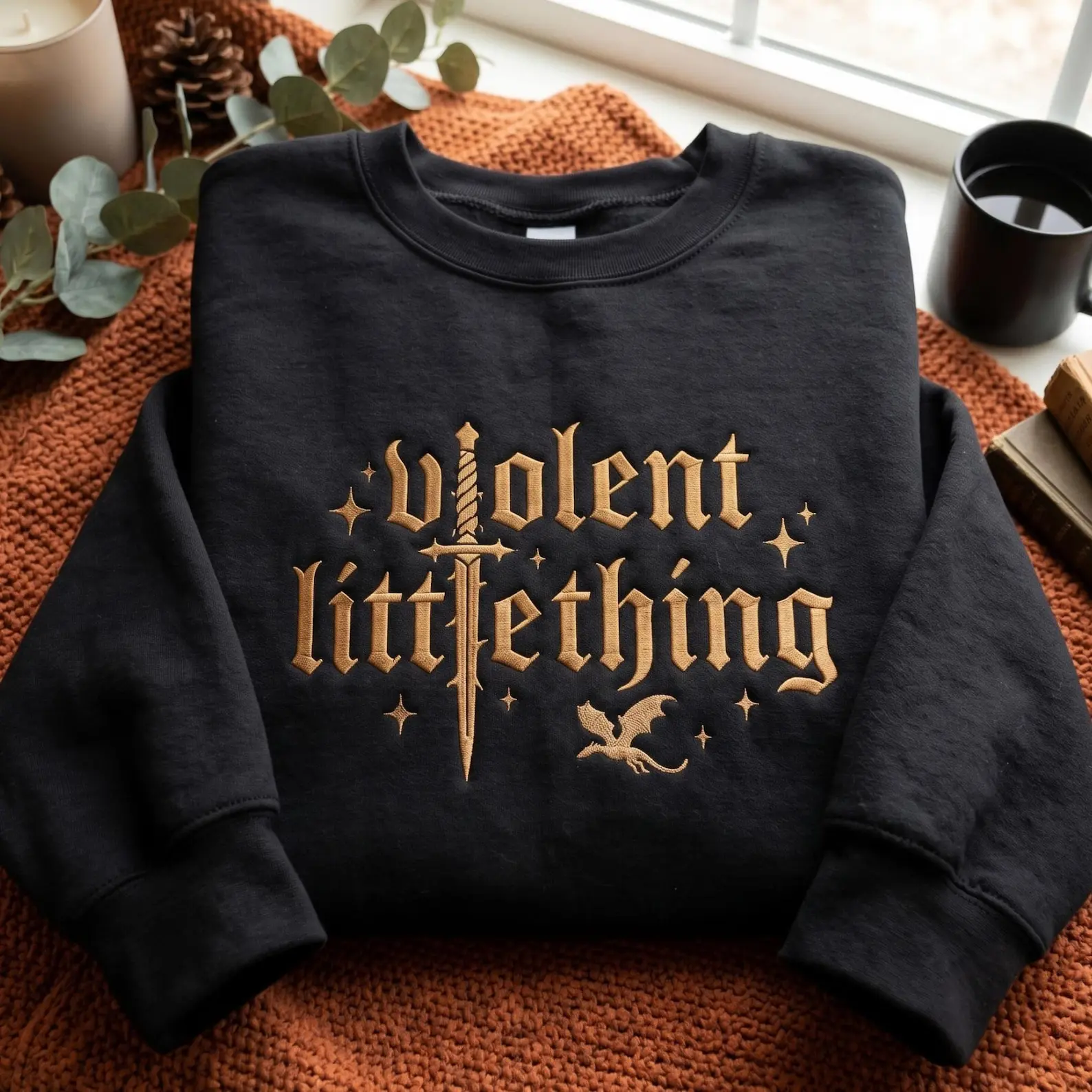 Embroidered Fourth Wing Sweatshirt: Dragon Sleeve, Fantasy Book Lover Gift, Violent little thing embroidered sweatshirt