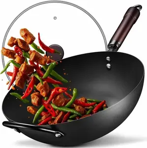 13 Inch Carbon Steel Wok with Lid, Pre-Seasoned Nonstick Stir-Fry Pan, 5.8QT Flat Bottom Chinese Wok Cookware Compatible with Gas, Electric, Induction and All Cooktops