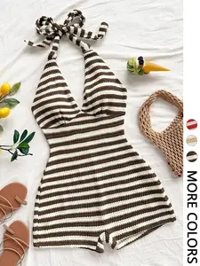 Women's Vacation Casual Chic Style Striped Crochet Knit Halter Jumpsuit, Deep V Neck Backless Tie Waist Short Pants, Beach Cruise Date