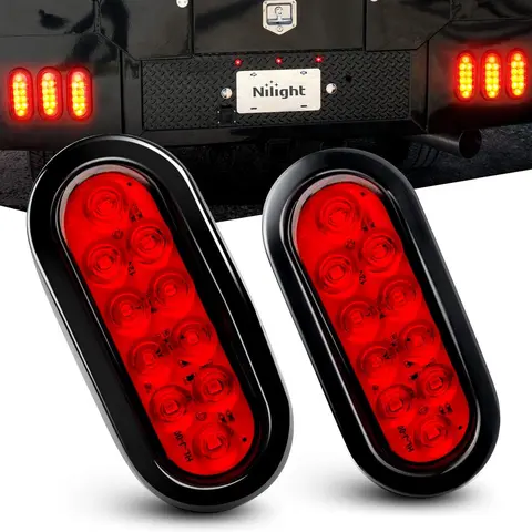 Nilight 6" Oval 12V Red Dual-Bright LEDs Tail Lights (2PCS) - Surface Mount 6"x2.5" Grommet Fit, Plugs, IP67 Rated, 2-Mode Brightness Rear Lights for Trucks/RVs, Car Accessories Toolupgrade