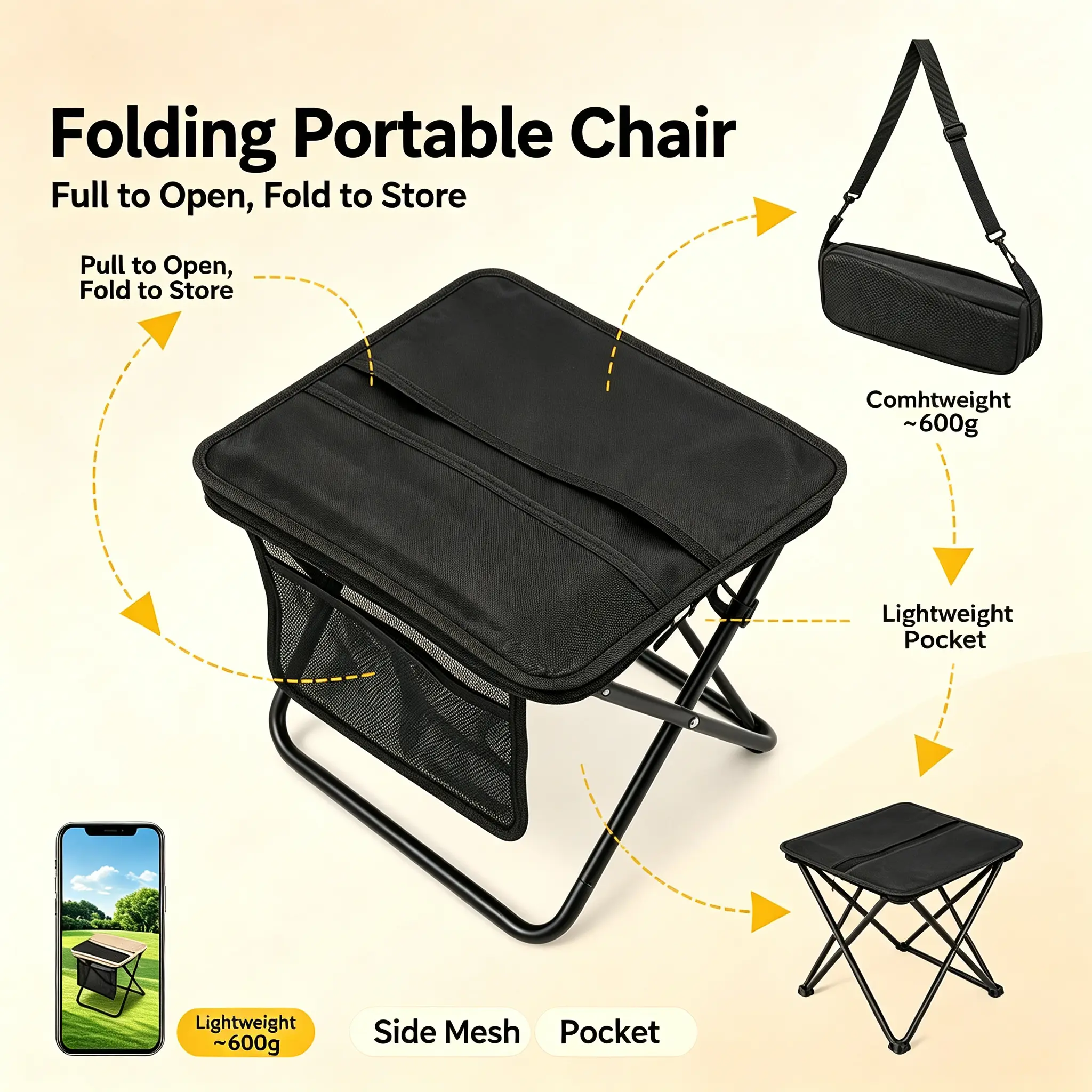 Portable Ultra-Light Foldable Camping Chair - 1.5lbs, 400lbs Max Load, Metal Frame, Compact Pack, Side Storage Pocket, Camping Accessories for Fishing, Hiking, Queuing