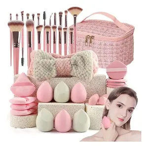 【Popular Choice】Luxury and durable 20/21/40 pieces of pink makeup kit, the set includes a multi-size soft brush, a variety of makeup eggs, a portable large-capacity travel makeup bag, and a full set of pink 2026 Internet celebrity makeup brushes