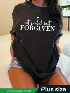 Plus Size Cross Letter Print Drop Shoulder Tee, Casual Fitted Half Sleeve Round Neck T-shirt Top for Summer, Women's Plus Clothing for Daily Wear
