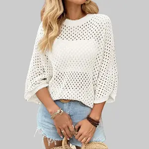 Shewin 2026 Spring/Summer Women's Oversized Hollowout Sweater Breathable Cut-Out Round Neck Half Sleeve Tunic Top for Daily & Vacation Casual Wear SpringStatements