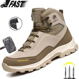 Men Safety Boots Indestructible Shoes Sneakers Steel Toe Protective Boots Anti-smash Anti-puncture Work Safety Shoes Anti-slip Beige Worker