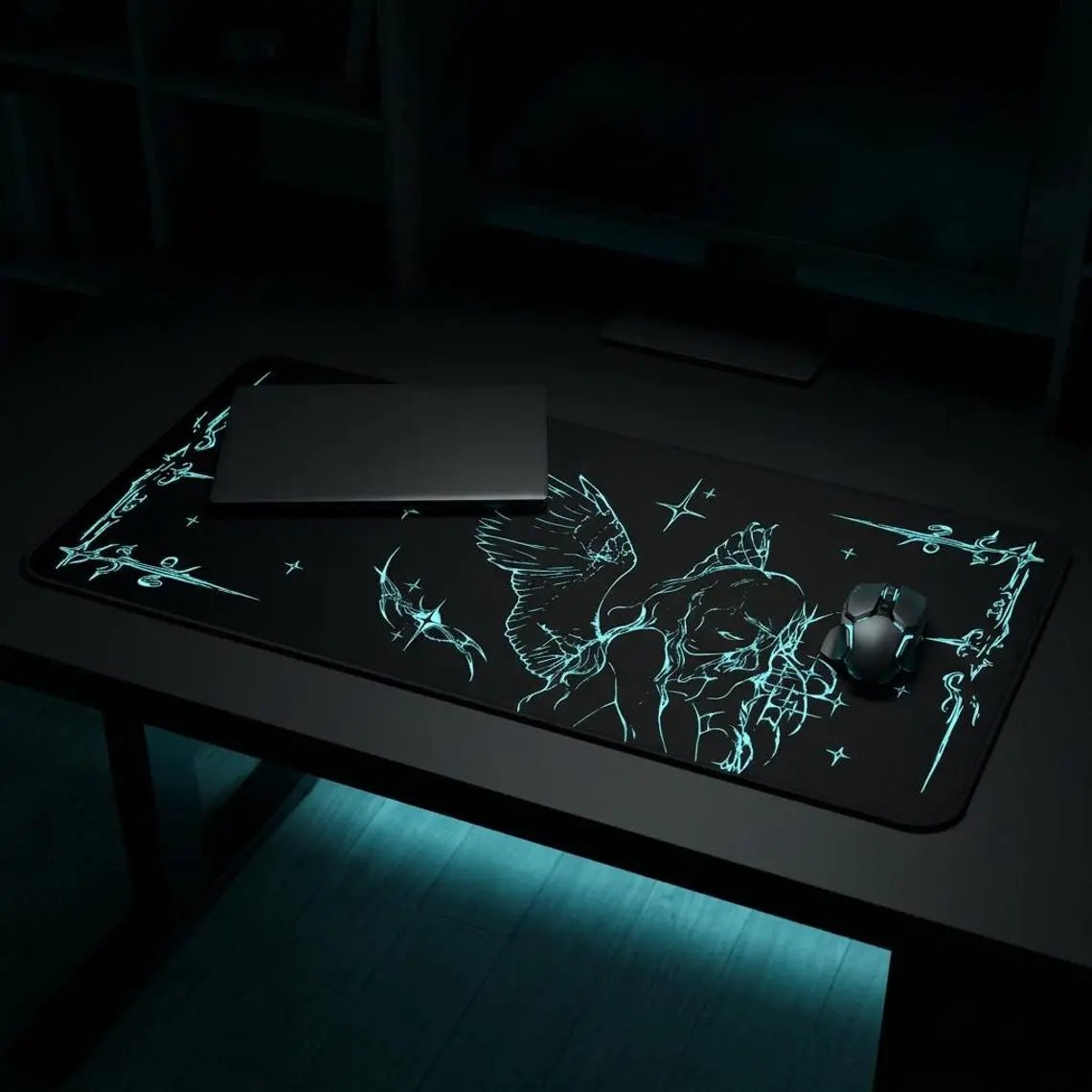 Blue Angel Sketch Desk Mat | Gaming Mouse Pad, Celestial Line Art