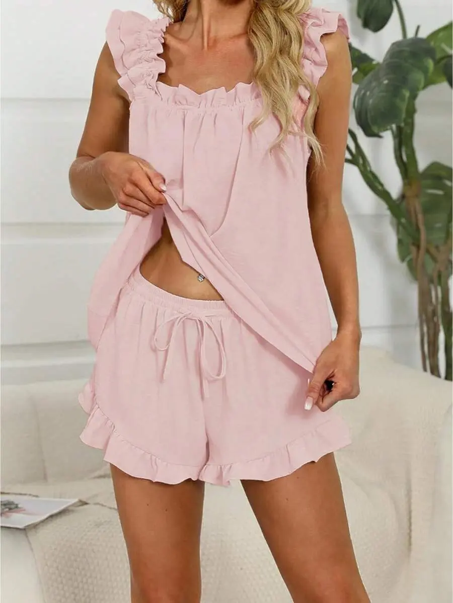 MAGNIFI Women's Summer Lounge Set Ruffle Shoulder Strap Tank Tops Drawstring Shorts Sleepwear Sets