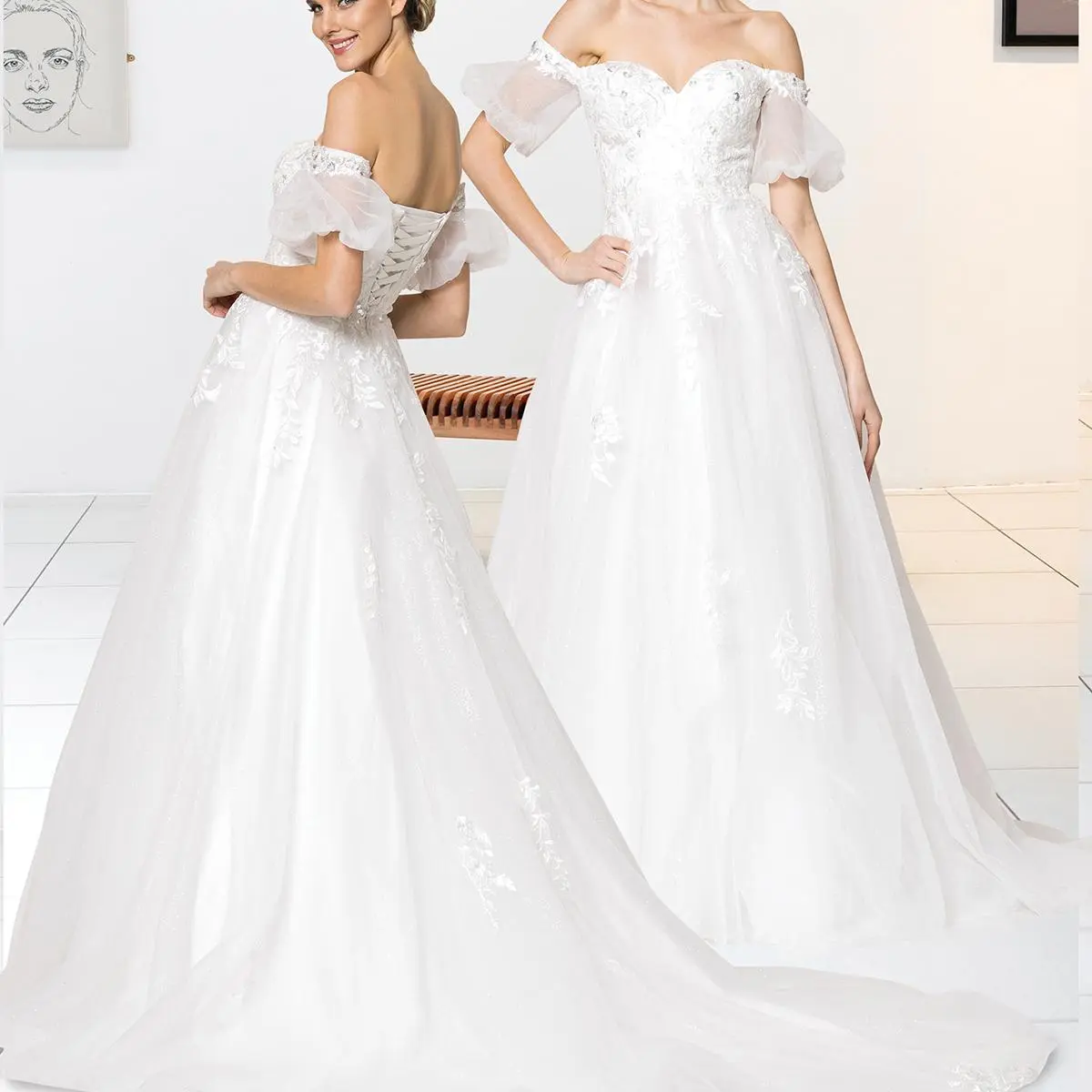 (Live 60) A-Line Wedding Dress with Bubble sleeve