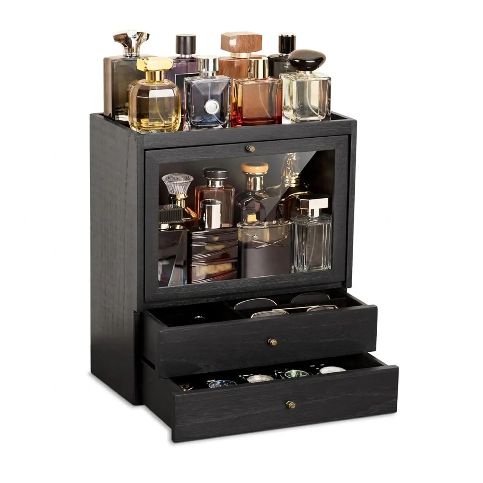 Wood Cologne Organizer for Men & Women, 4-Tier Perfume Display Stand with Clear Acrylic Panel and 2 Drawers, Space-Saving Fragrance Storage for Dresser or Vanity, Black