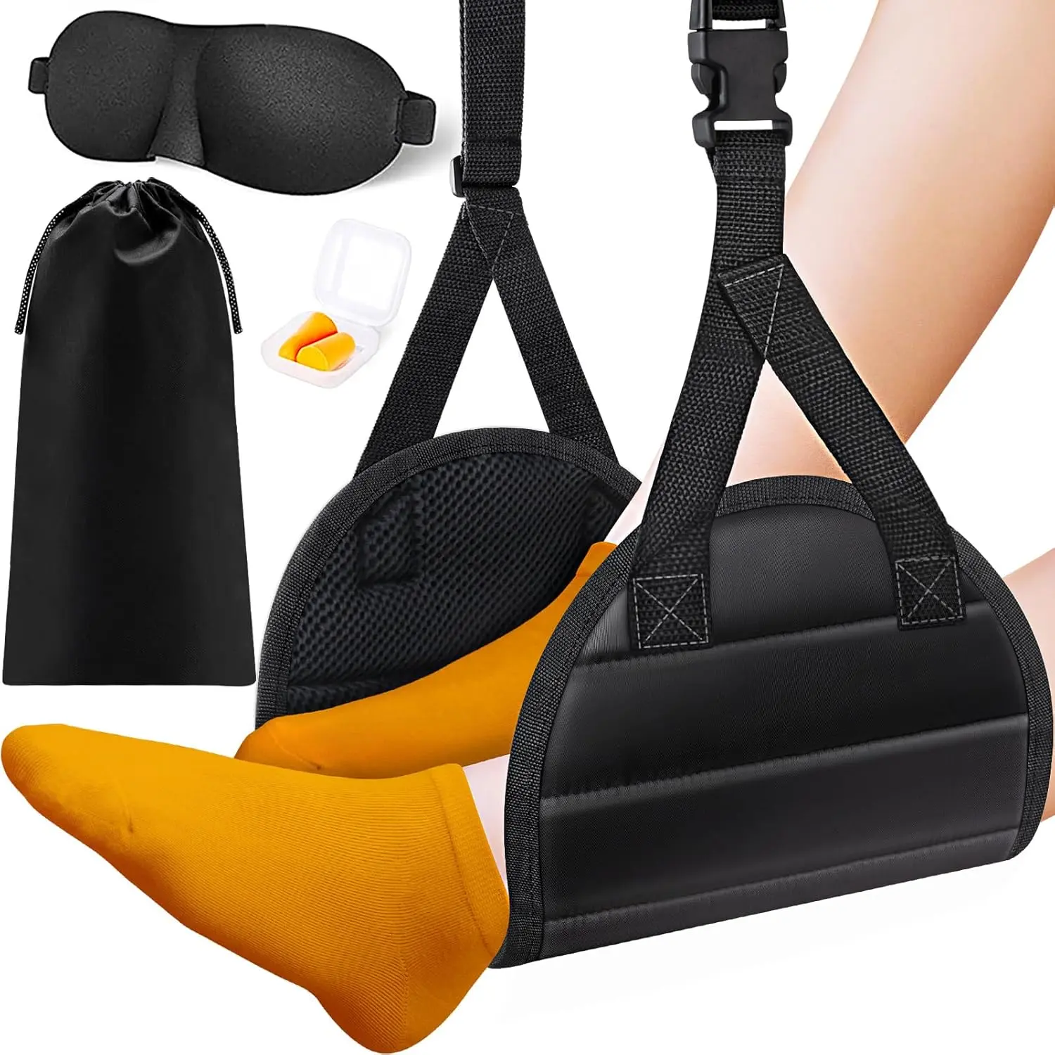 Foot Hammock Airplane Foot Rest, Length Adjustable Airplane Foot Rest, Airplane Travel Essentials with Eye Mask and Earplugs, Flight Essentials Airplane Foot Hammock to Relax Your Feet