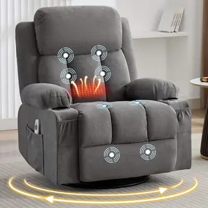 Swivel Rocker Recliner Chair with Vibration Massage and Heat for Living Room ,with Rocking Function and Side Pocket, USB Charge Port,2 cup holders