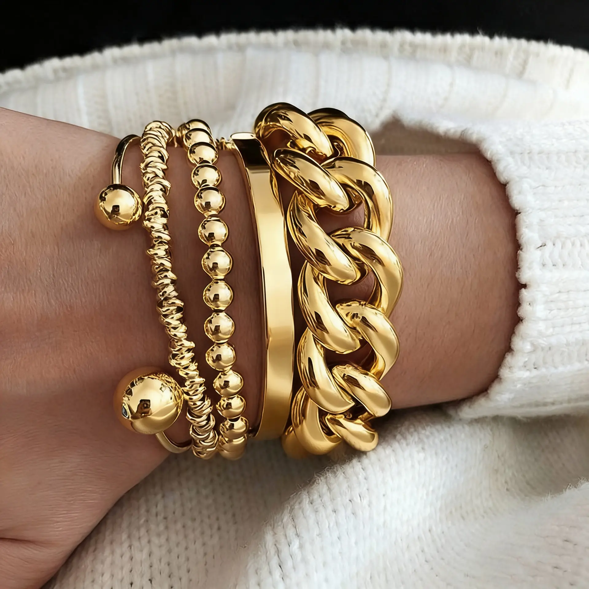 5pcs Vintage Punk Style Lightweight CCB Beaded Bracelet, Chain Bangle, Elastic Round Disc Bracelet Set, Suitable For Women's Daily, Party, Date, Vacation, Stacking, Holiday Gift