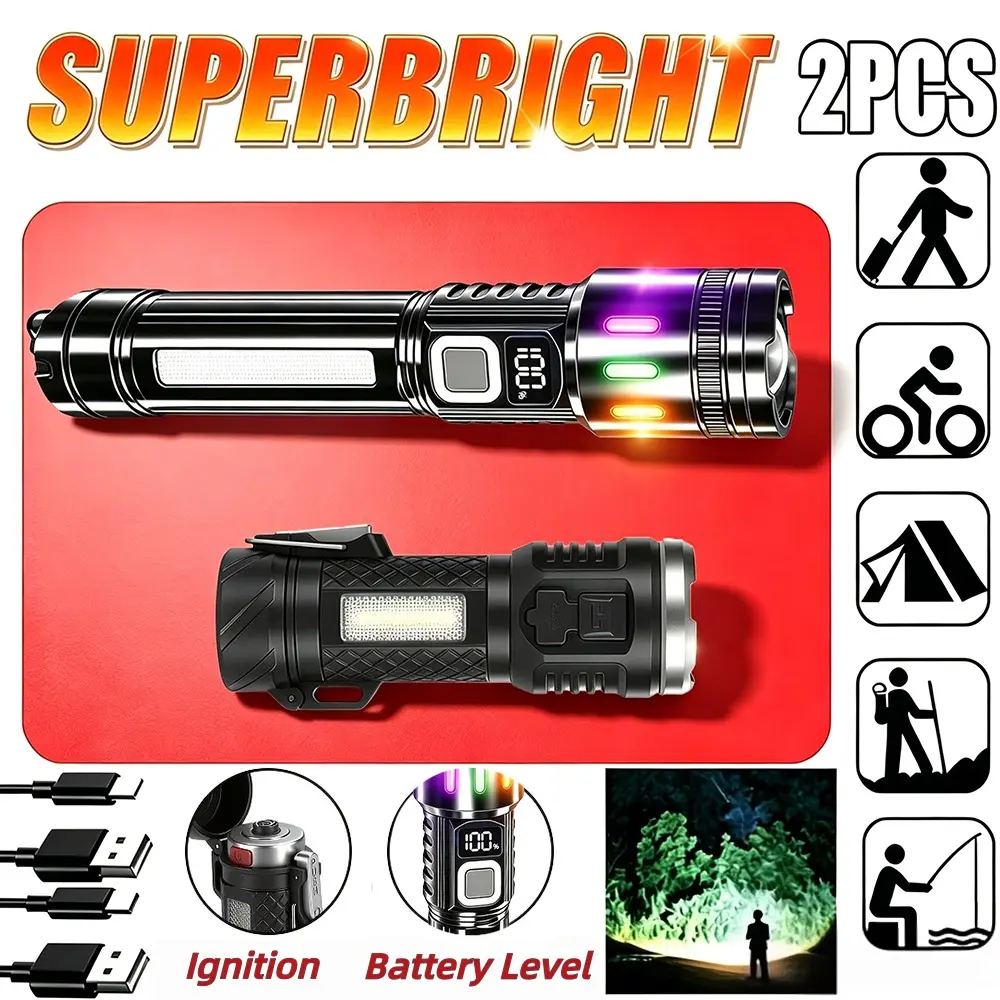 Survival Tools - 2pcs LED Flashlight Super Bright Rechargeable Tactical Flashlight with Fire Starter 7 Light Modes Power Display COB Side Light USB Charging Portable High Power Flashlight for Outdoor Camping Fishing Hunting Emergency Gifts for Men