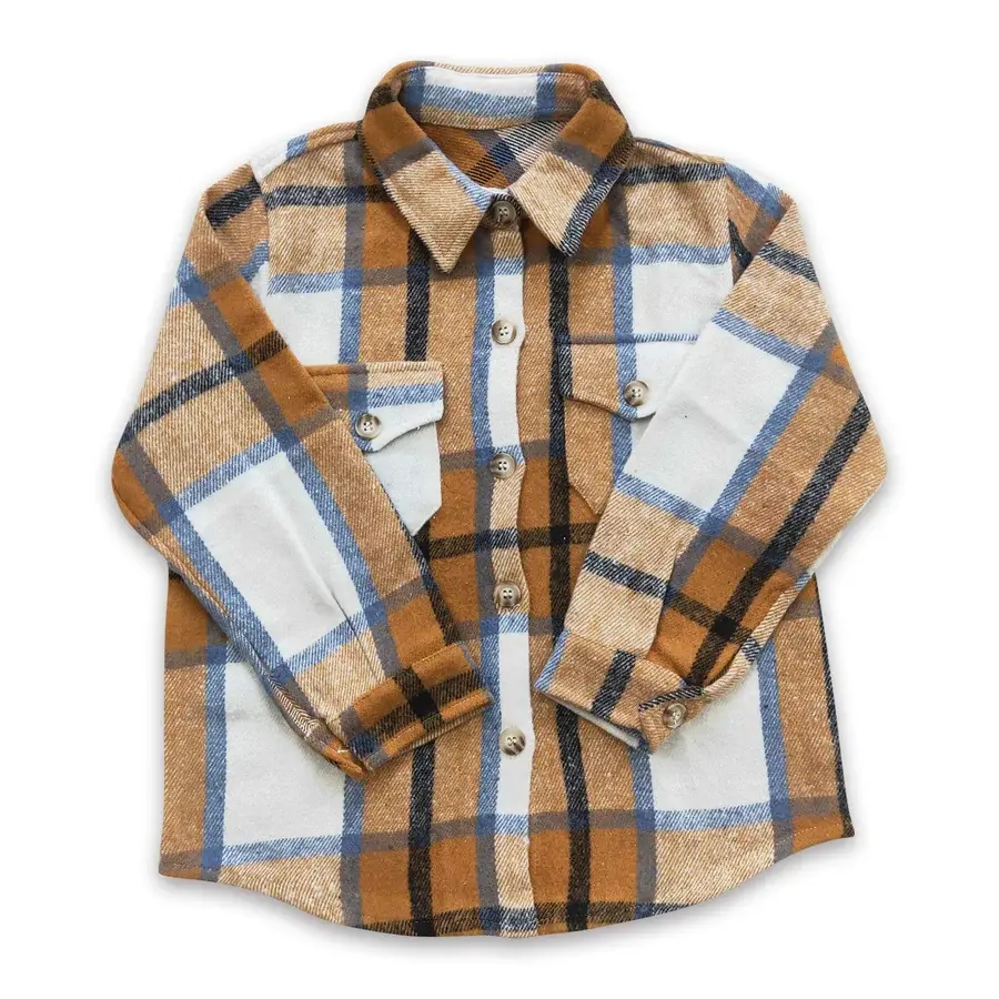 Kids' Khaki Plaid Flannel Shirt - Casual Long Sleeve Button Front Winter Top with Pocket for Toddler Boys & Girls