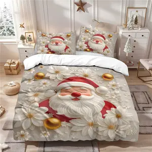 Christmas Santa Print Bedding Set (1 Fitted Sheet + 2 Pillowcases), Soft Comfortable Bedroom Decor, Ideal for Dorms & Guest Rooms