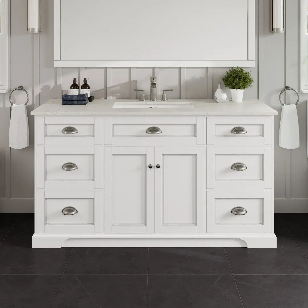 Epic 60 in. White Single Sink Bath Vanity with Carrara Quartz Top and Undermount Porcelain Sink