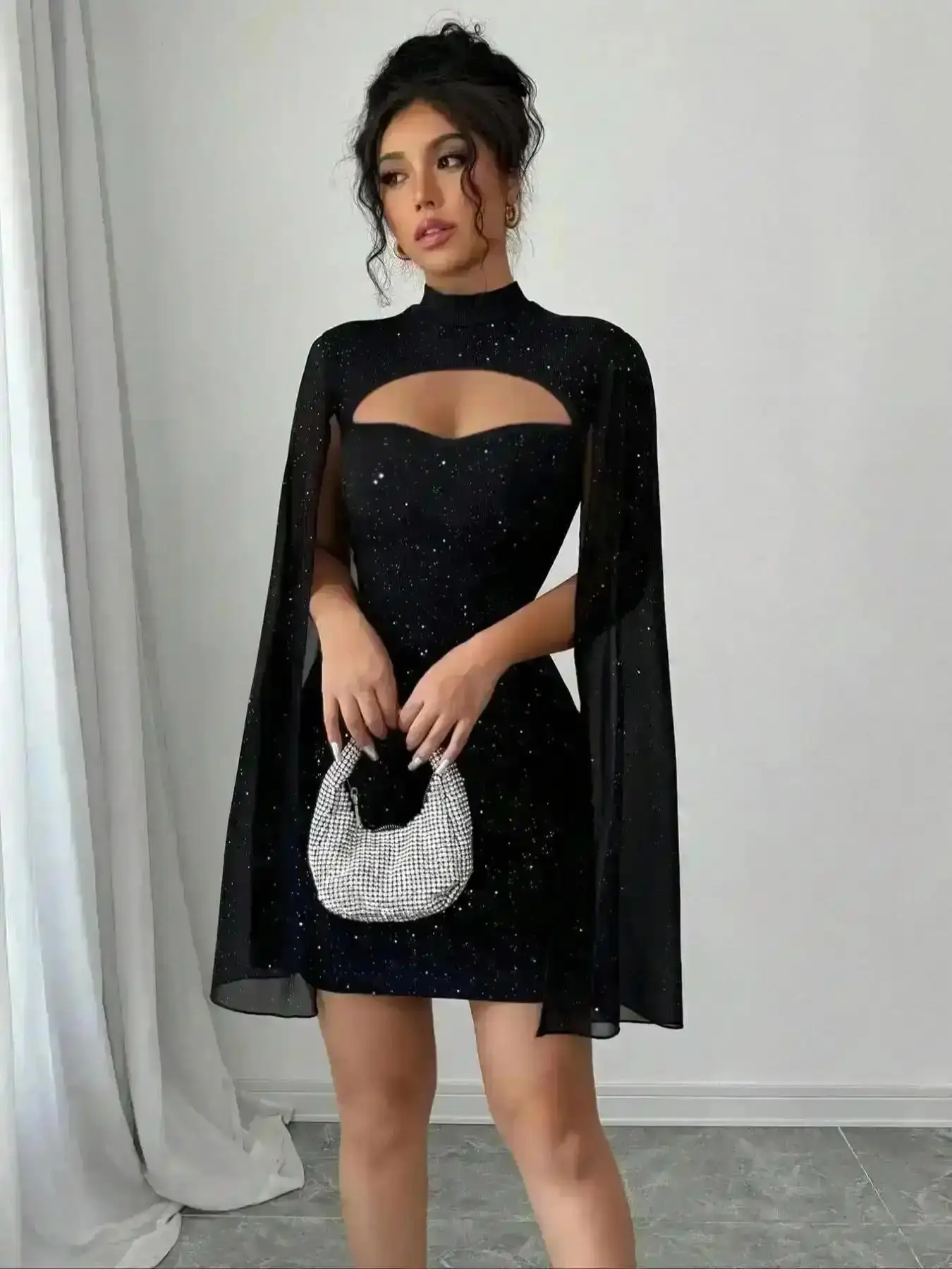 Chic Bodycon Dress Fashion Sexy Mini Dress, Shawl Net Design, Cape Sleeves & Shiny Sequins, Trendy Holiday Party Fall Winter Gown, Womenswear, Daily Wear, Warm Style, Wardrobe Essential, Hourglass DailyLook