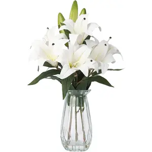 Artificial Tiger Lily Flowers with Vase,Real Touch Easter Lily Faux Flowers for Home Table Centerpieces Wedding Baby Shower Birthday Party Decoration,UV Resistant，3 Stems with 6 Flowers-Pure White